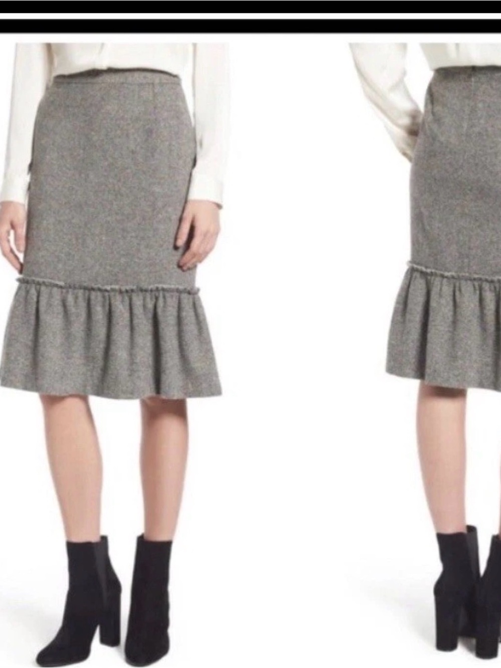 Nordstrom Halogen Gray Tweed Ruffle Pencil Skirt Size 4 Career Chic Wool Blend